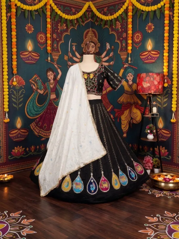 Black_Vichira_Silk_Lehenga_Choli_With_Multicolor_Embroidered_Border_Default_Title