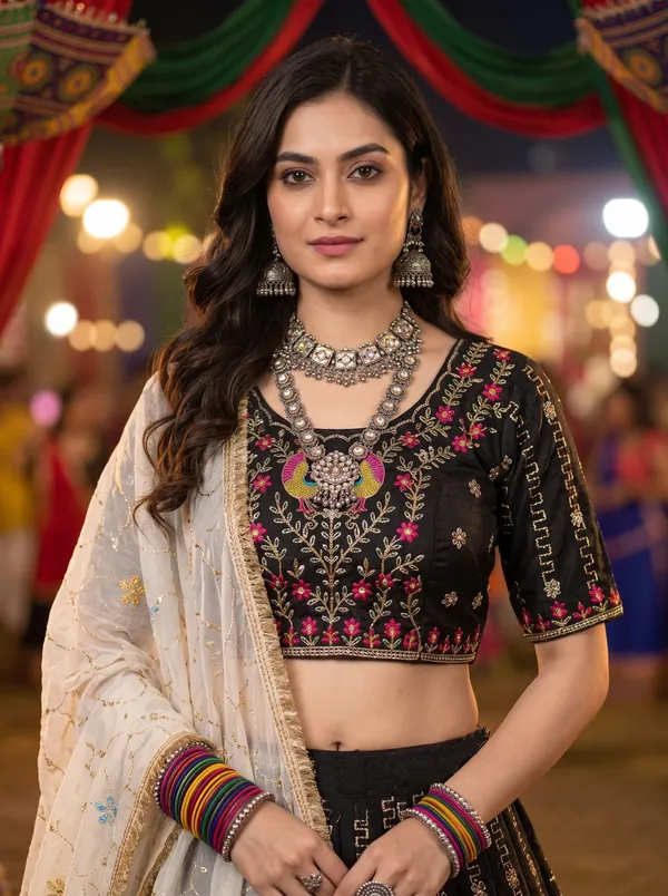 Black_Vichira_Silk_Lehenga_Choli_With_Multicolor_Embroidered_Border_Default_Title