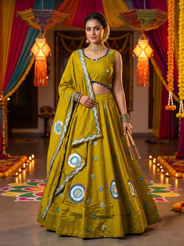 Mustard_Yellow_Vichira_Silk_Lehenga_With_Blue_Embroidered_Border_Default_Title