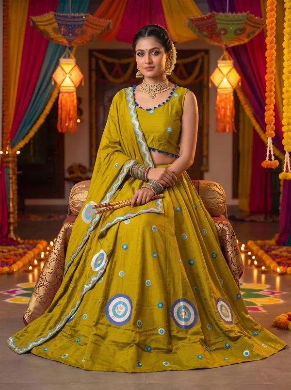 Mustard_Yellow_Vichira_Silk_Lehenga_With_Blue_Embroidered_Border_Default_Title