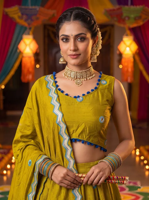 Mustard_Yellow_Vichira_Silk_Lehenga_With_Blue_Embroidered_Border_Default_Title