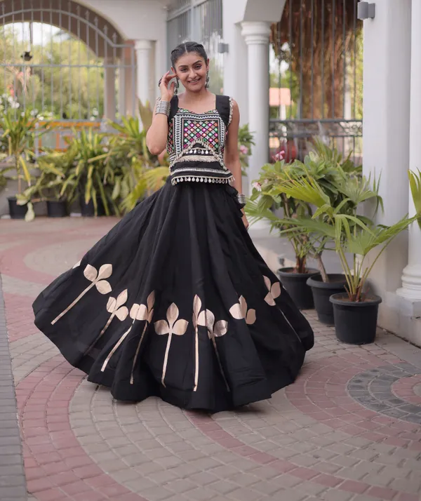 Ethnivo_Black_Roman_Silk_Lehenga_With_Cream_Floral_Border_Default_Title