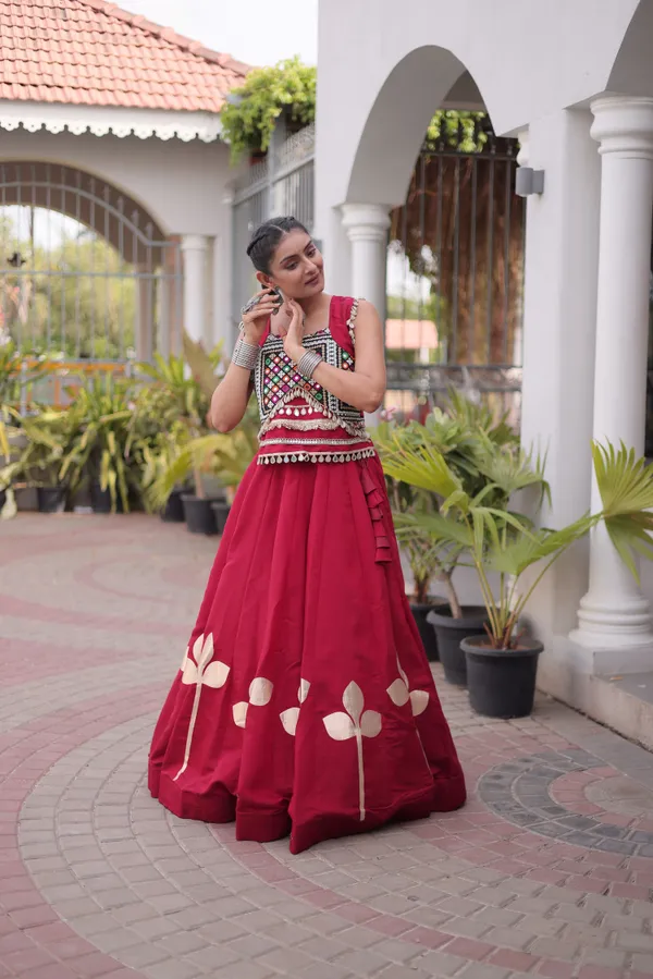 Ethnivo_Wine_Red_Roman_Silk_Lehenga_With_Cream_Floral_Border_Default_Title