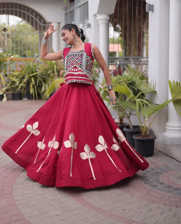 Ethnivo_Wine_Red_Roman_Silk_Lehenga_With_Cream_Floral_Border_Default_Title