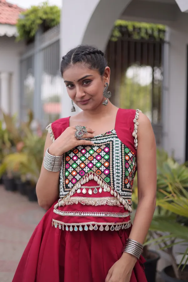 Ethnivo_Wine_Red_Roman_Silk_Lehenga_With_Cream_Floral_Border_Default_Title