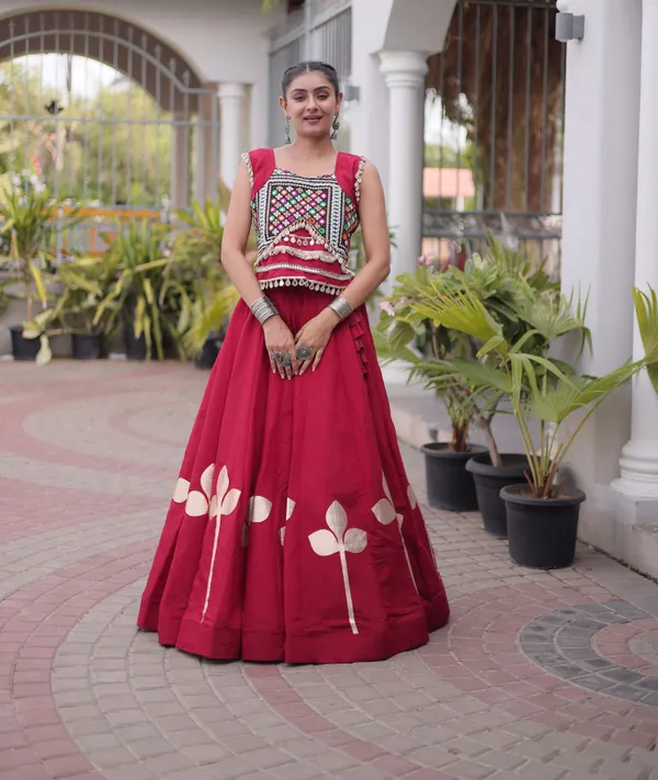 Ethnivo_Wine_Red_Roman_Silk_Lehenga_With_Cream_Floral_Border_Default_Title