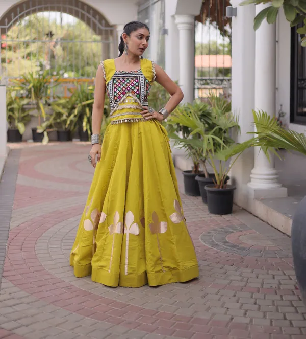 Ethnivo_Mustard_Yellow_Roman_Silk_Lehenga_With_Cream_Floral_Border_Default_Title