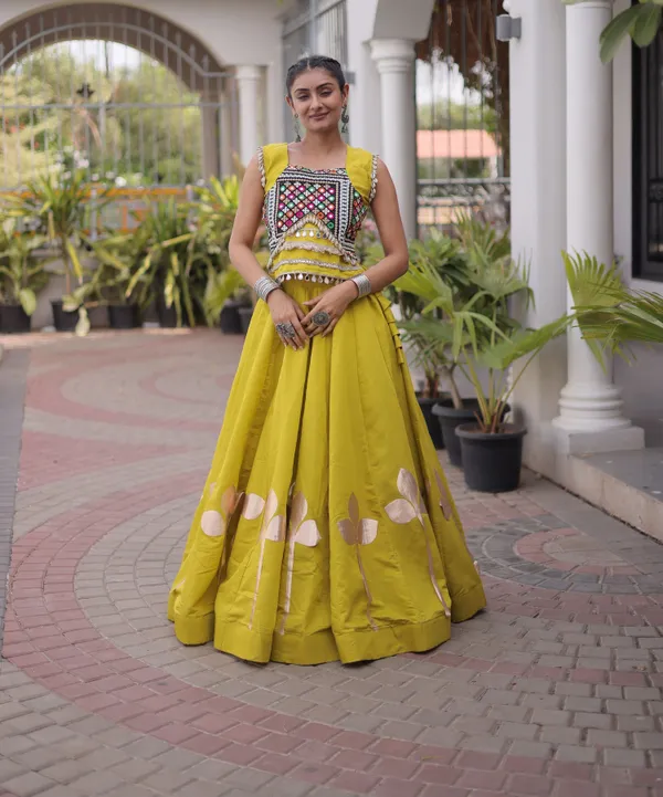Ethnivo_Mustard_Yellow_Roman_Silk_Lehenga_With_Cream_Floral_Border_Default_Title