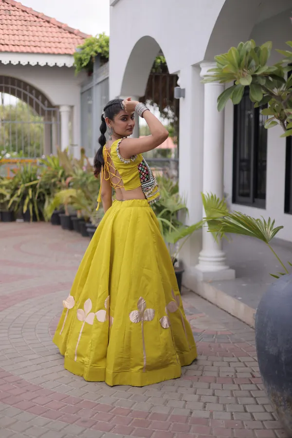Ethnivo_Mustard_Yellow_Roman_Silk_Lehenga_With_Cream_Floral_Border_Default_Title