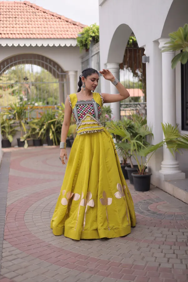 Ethnivo_Mustard_Yellow_Roman_Silk_Lehenga_With_Cream_Floral_Border_Default_Title