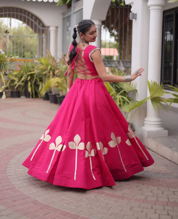 Ethnivo_Hot_Pink_Roman_Silk_Lehenga_With_Cream_Floral_Border_Default_Title