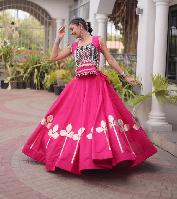 Ethnivo_Hot_Pink_Roman_Silk_Lehenga_With_Cream_Floral_Border_Default_Title