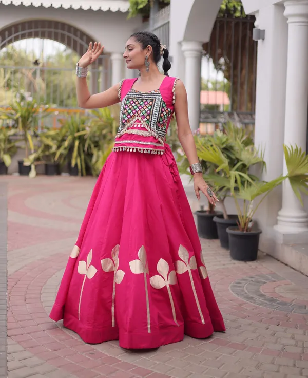 Ethnivo_Hot_Pink_Roman_Silk_Lehenga_With_Cream_Floral_Border_Default_Title