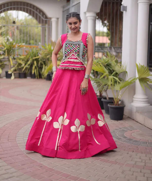 Ethnivo_Hot_Pink_Roman_Silk_Lehenga_With_Cream_Floral_Border_Default_Title