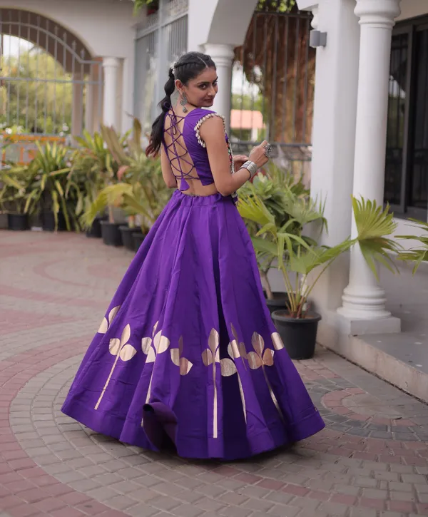 Ethnivo_Royal_Purple_Roman_Silk_Lehenga_With_Cream_Floral_Border_Default_Title