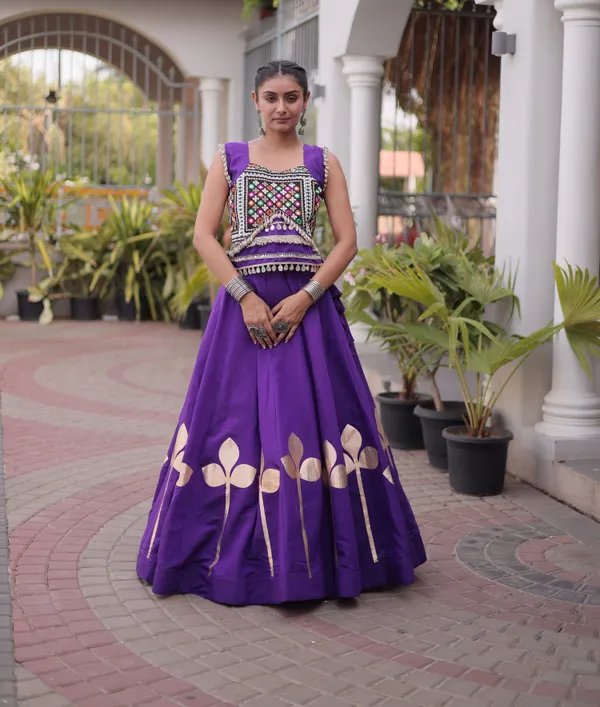 Ethnivo_Royal_Purple_Roman_Silk_Lehenga_With_Cream_Floral_Border_Default_Title