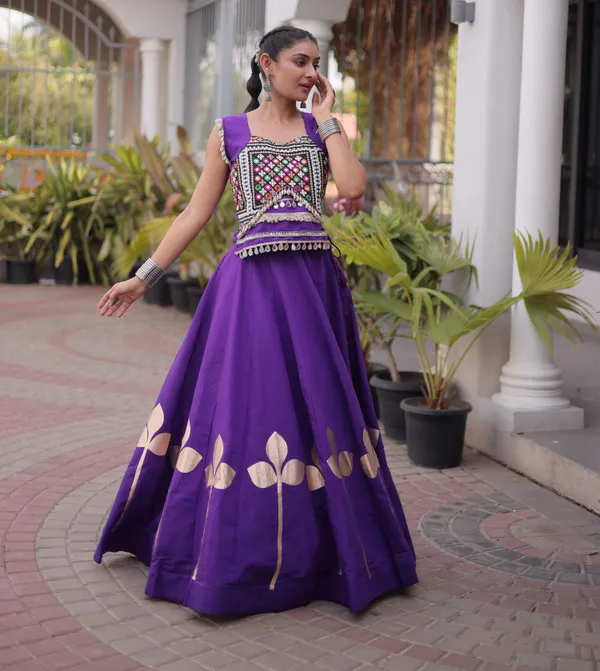 Ethnivo_Royal_Purple_Roman_Silk_Lehenga_With_Cream_Floral_Border_Default_Title
