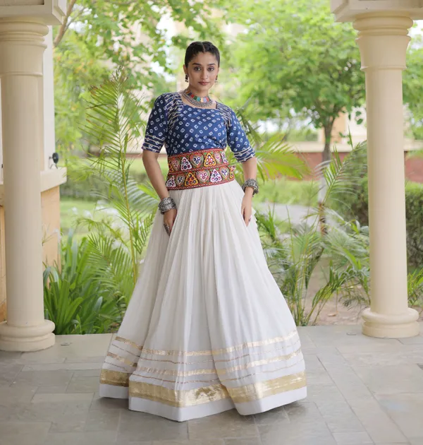 Ethnivo_White_Kora_Cotton_Lehenga_With_Gold_Border_Navy_Blue_Blouse_Default_Title