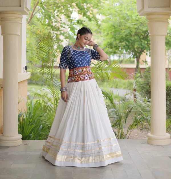 Ethnivo_White_Kora_Cotton_Lehenga_With_Gold_Border_Navy_Blue_Blouse_Default_Title