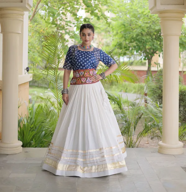 Ethnivo_White_Kora_Cotton_Lehenga_With_Gold_Border_Navy_Blue_Blouse_Default_Title