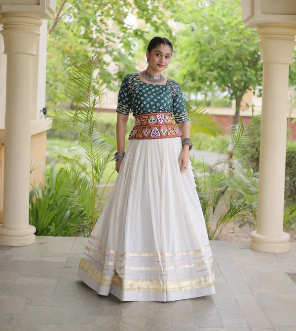 Ethnivo_White_Kora_Cotton_Lehenga_With_Gold_Border_Bottle_Green_Blouse_Default_Title