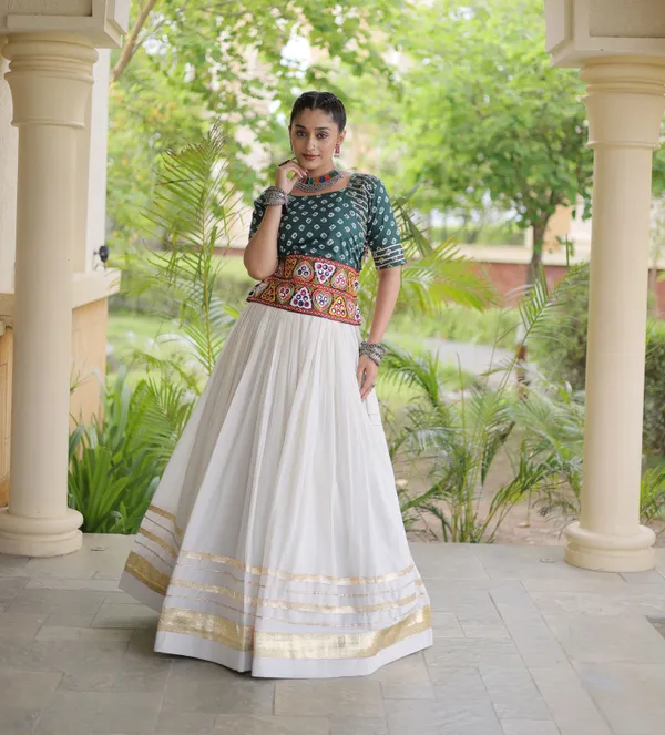 Ethnivo_White_Kora_Cotton_Lehenga_With_Gold_Border_Bottle_Green_Blouse_Default_Title