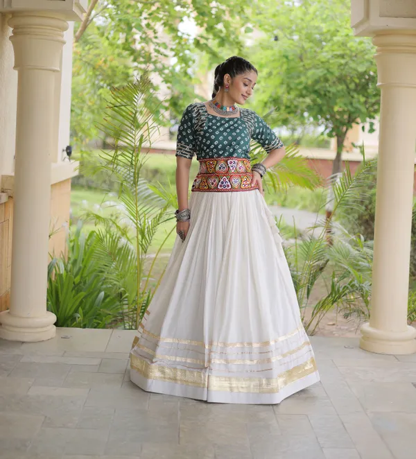 Ethnivo_White_Kora_Cotton_Lehenga_With_Gold_Border_Bottle_Green_Blouse_Default_Title