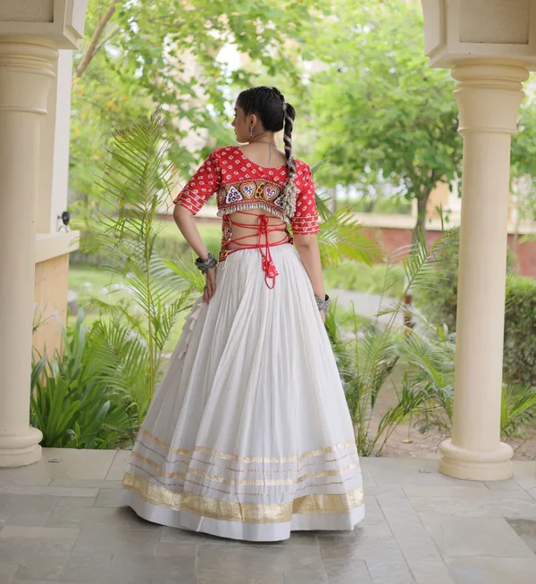 Ethnivo_White_Kora_Cotton_Lehenga_With_Gold_Border_Red_Blouse_Default_Title