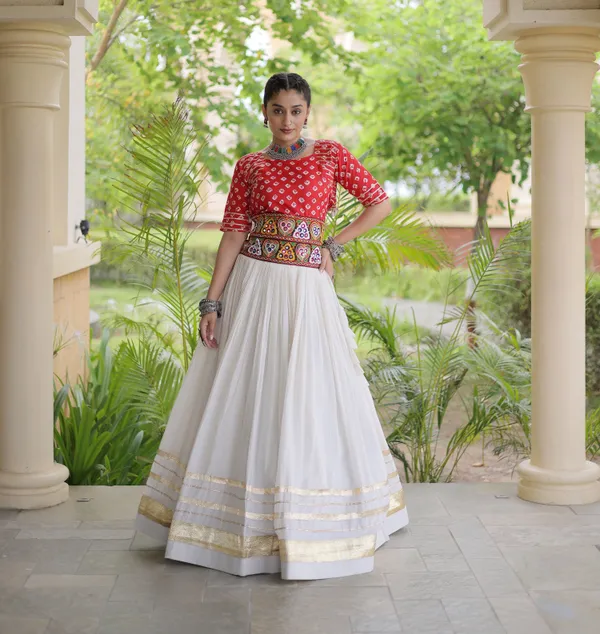 Ethnivo_White_Kora_Cotton_Lehenga_With_Gold_Border_Red_Blouse_Default_Title