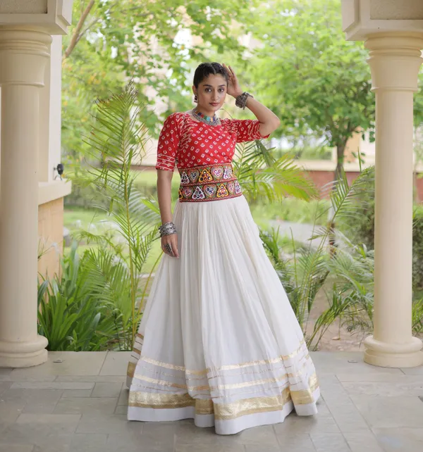 Ethnivo_White_Kora_Cotton_Lehenga_With_Gold_Border_Red_Blouse_Default_Title