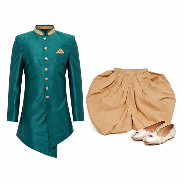 Rama_Green_Chiku_Heavy_Readymade_Mens_Indo_Western_Set_With_Dhoti_Style