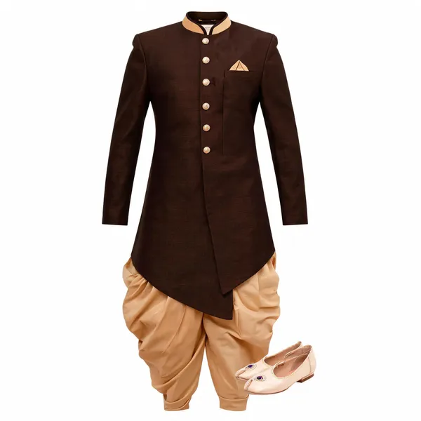 Brown_Chiku_Heavy_Readymade_Mens_Indo_Western_Outfit_With_Dhoti_Style