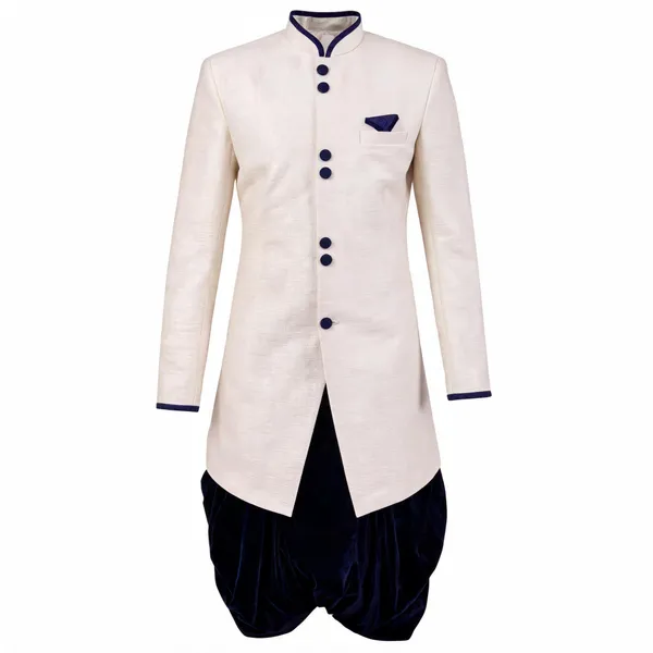 White_Navy_Blue_Heavy_Readymade_Mens_Indo_Western_Set_With_Velvet_Dhoti_Style