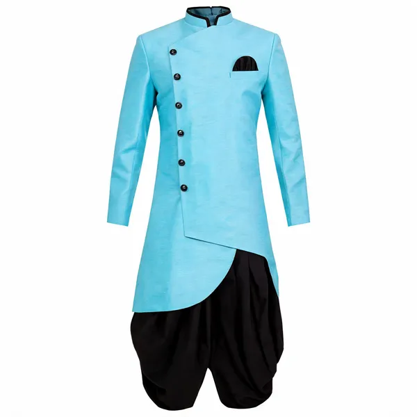Sky_Blue_Black_Heavy_Readymade_Mens_Indo_Western_Set_With_Elegant_Dhoti_Style