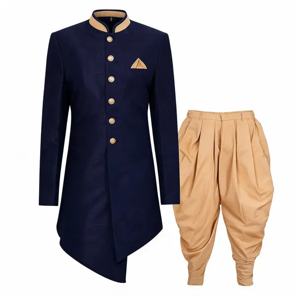 Navy_Blue_Chiku_Heavy_Readymade_Mens_Indo_Western_Set_With_Traditional_Dhoti_Style