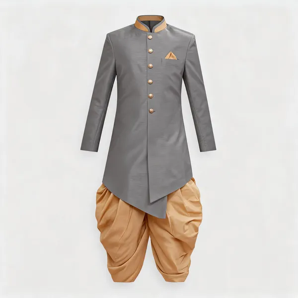 Grey_Chiku_Heavy_Readymade_Mens_Indo_Western_Set_With_Classic_Dhoti_Style