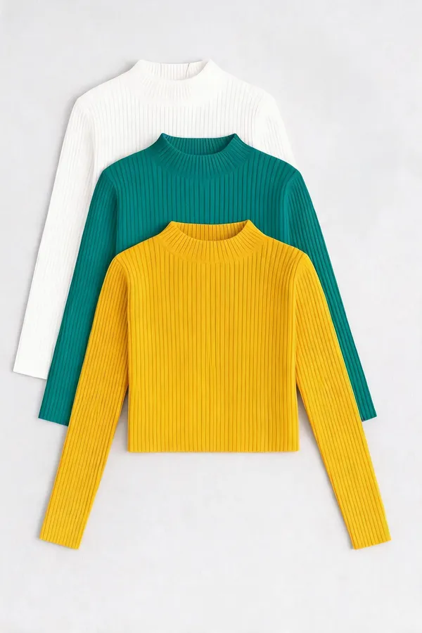 White_Green_Yellow_Cotton_Ribbed_Mock_Neck_Full_Sleeve_Tops_For_Women