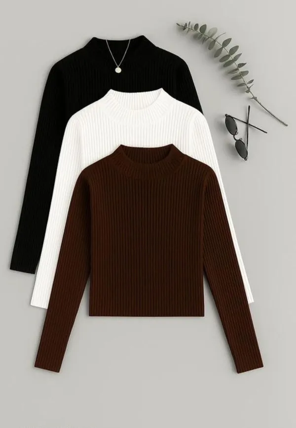 Black_White_Brown_Cotton_Ribbed_Mock_Neck_Tops_Set_For_Women
