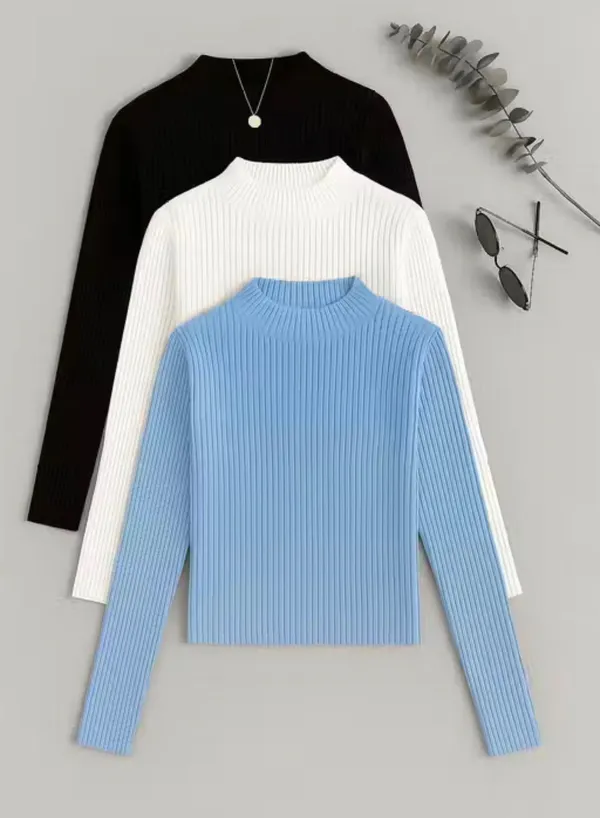 Black_White_Blue_Cotton_Ribbed_Mock_Neck_Fitted_Tops_For_Women
