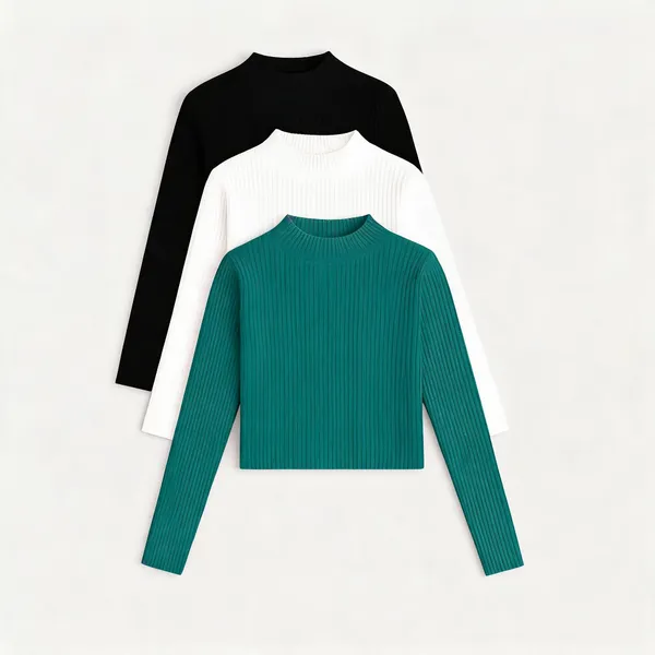Black_White_Teal_Cotton_Ribbed_Slim_Fit_High_Neck_Tops_For_Women