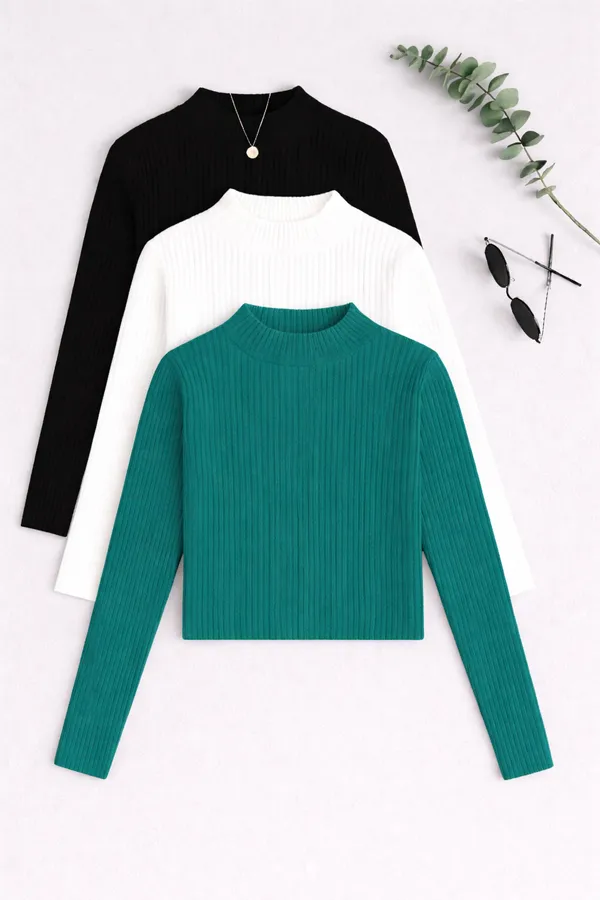 Black_White_Teal_Cotton_Ribbed_Slim_Fit_High_Neck_Tops_For_Women