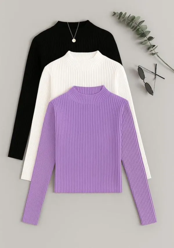 Black_White_Lavender_Cotton_Ribbed_Slim_Fit_High_Neck_Tops_For_Women