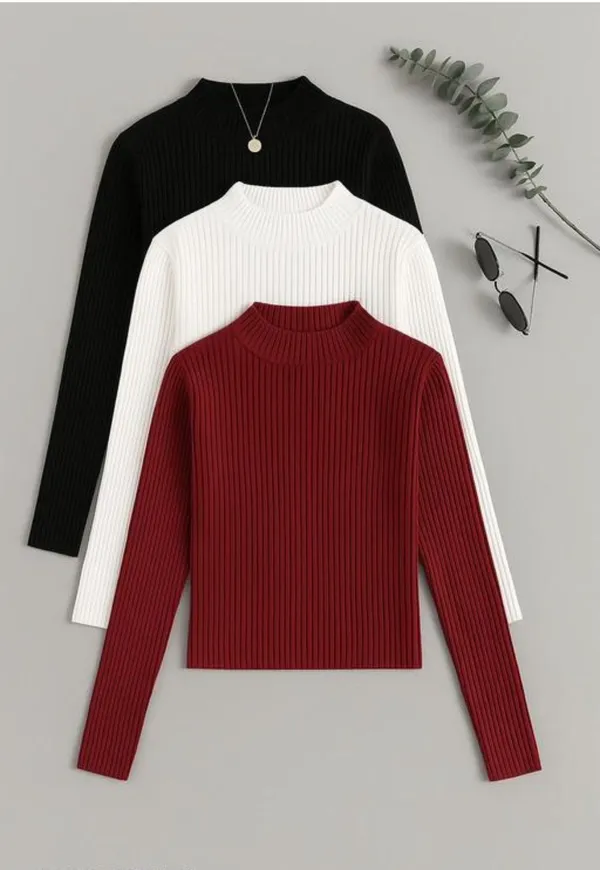 Black_White_Maroon_Ribbed_Slim_Fit_Top_Set_For_Women