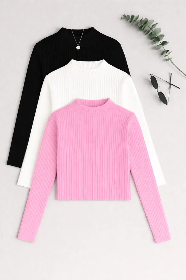 Black_White_Pink_Cotton_Ribbed_Full_Sleeve_High_Neck_Tops_For_Women