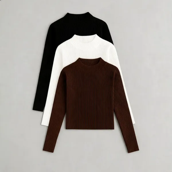 Black_White_Brown_Cotton_Ribbed_Mock_Neck_Tops_Set_For_Women