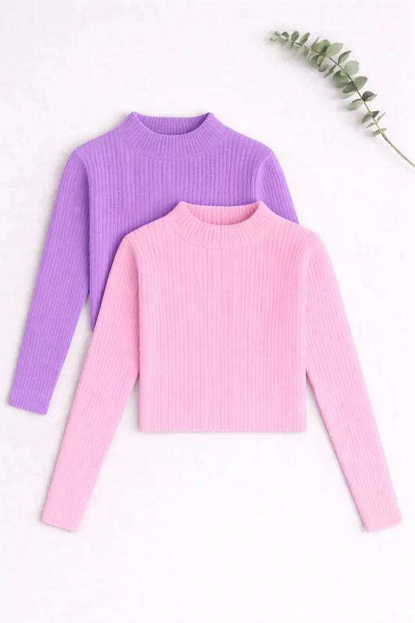 Pink_Lavender_Cotton_Ribbed_Slim_Fit_High_Neck_Tops_For_Women