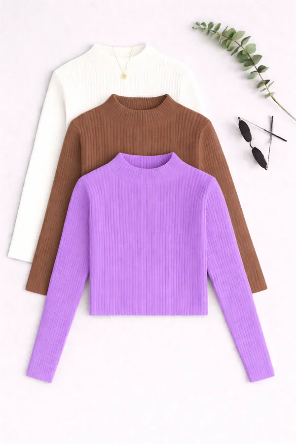 Lavender_White_Brown_Cotton_Ribbed_Slim_Fit_High_Neck_Tops_For_Women