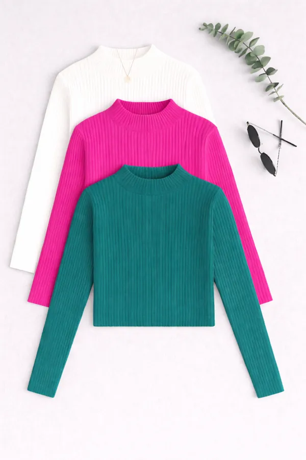 White_Green_Pink_Cotton_Ribbed_Knit_Regular_Fit_Round_Neck_Tops_For_Women