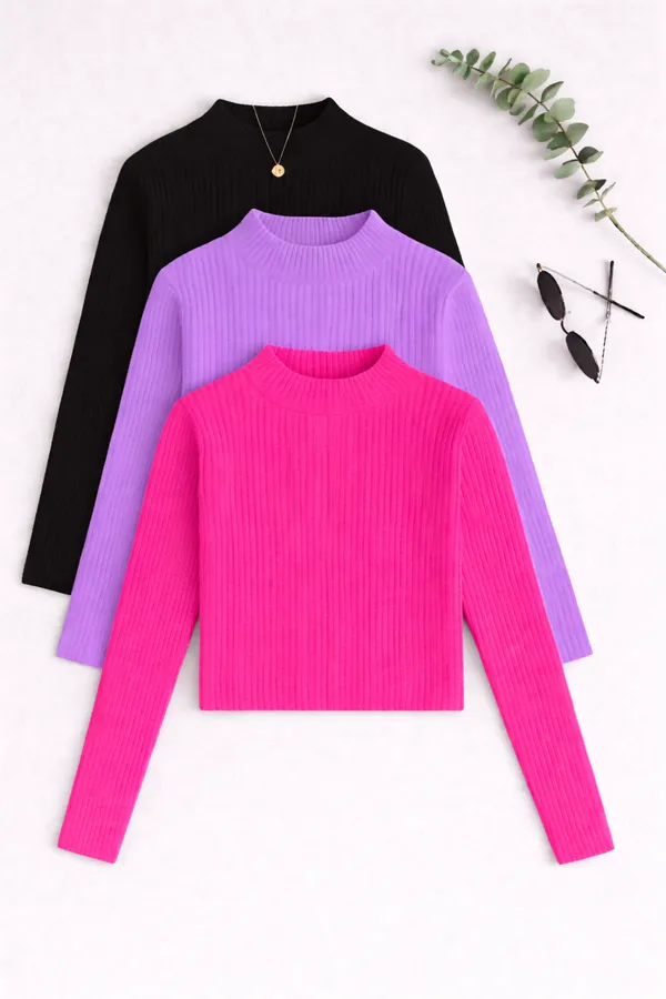 Black_Lavender_Pink_Cotton_Ribbed_Full_Sleeve_Round_Neck_Tops_For_Women