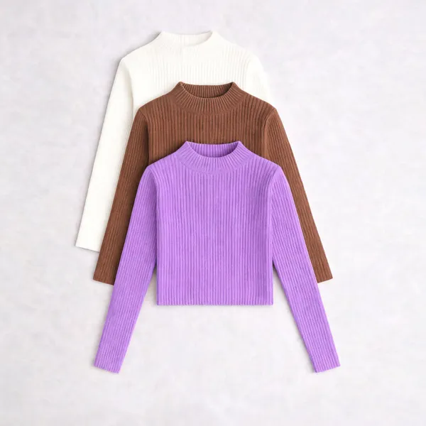 Lavender_White_Brown_Cotton_Ribbed_Slim_Fit_High_Neck_Tops_For_Women